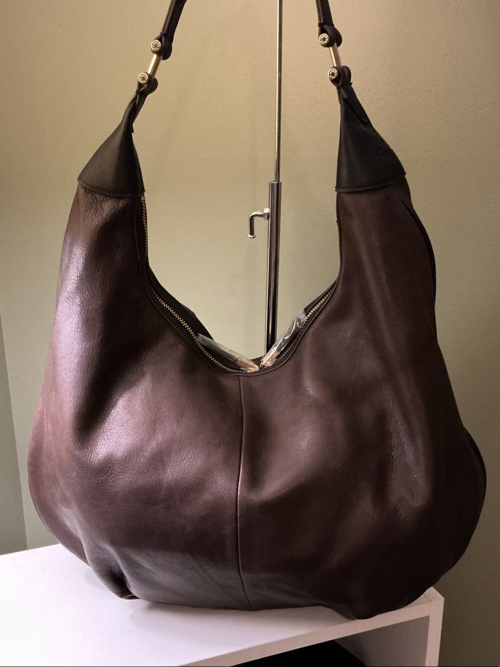 India Hicks Isabella Slouch Hobo Bag Dark Brown Leather Gold Hardware NWOT